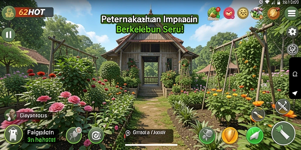 Screenshot gameplay 62HOT menampilkan peternakan yang ramai dan tanaman tumbuh subur.