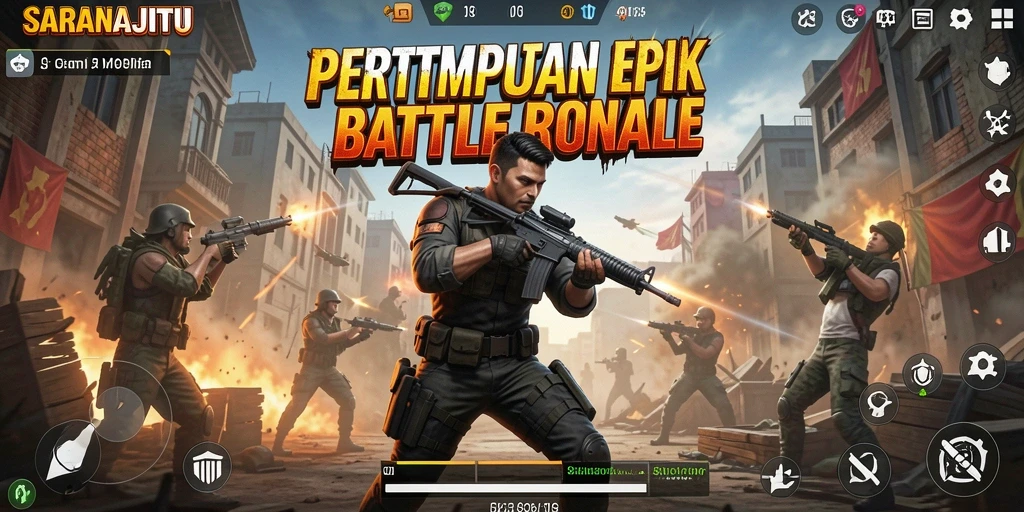 Gameplay mendebarkan dalam SARANAJITU, aksi Battle Royale yang seru.