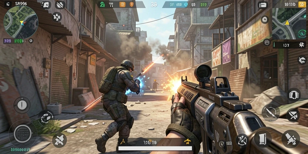 Tampilan gameplay SR996 dengan aksi pertempuran yang seru di arena TPS.