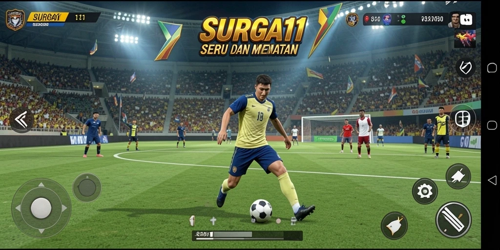 Tangkapan layar gameplay SURGA11 menampilkan aksi olahraga yang intens.