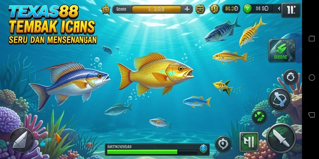 Tampilan gameplay seru TEXAS88 dengan beragam ikan untuk ditembak.